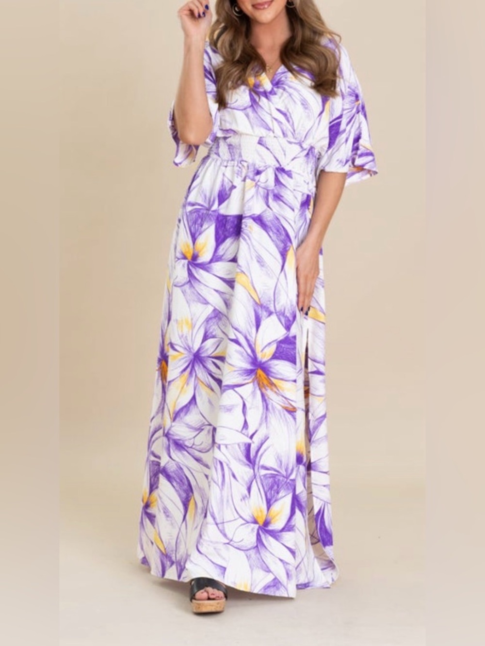 Floral V-Neck Maxi Dress in Purple and White